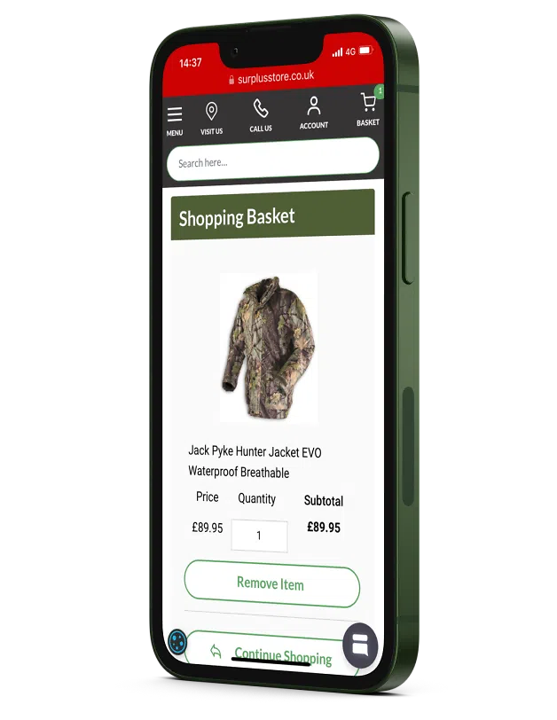Surplus Store basket page on mobile