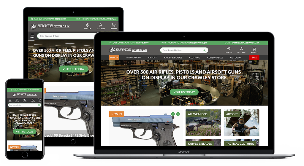 Surplus Store website on Mobile, Tablet and Desktop
